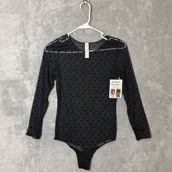 NWT Spanx Bodysuit XL Smoothing Mesh Flocked Polka Dot Layered Smooth Black - Picture 1 of 10